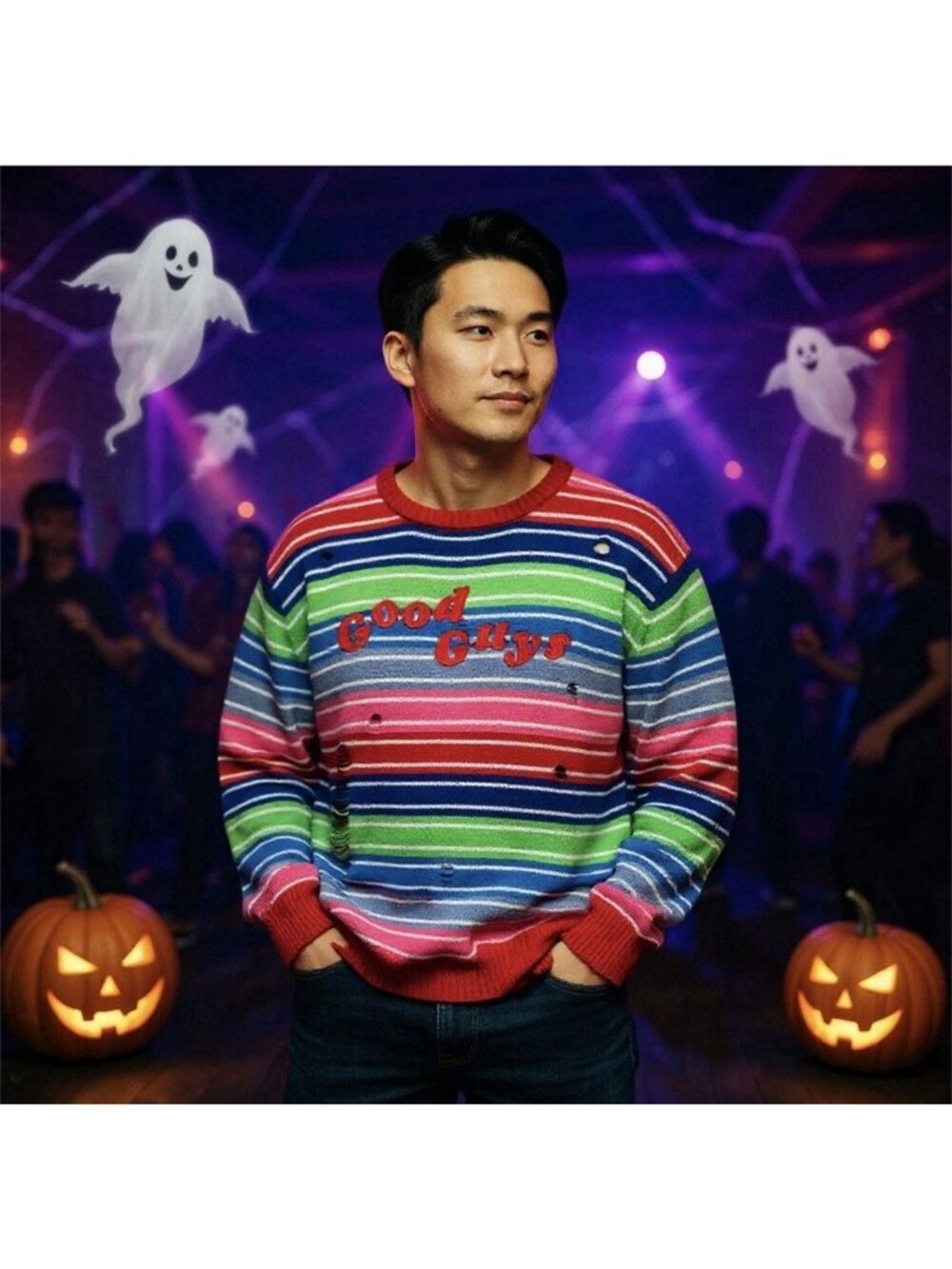 Chucky Good Guys Striped Sweater Distressed Colorful Halloween Spirit Licensed M